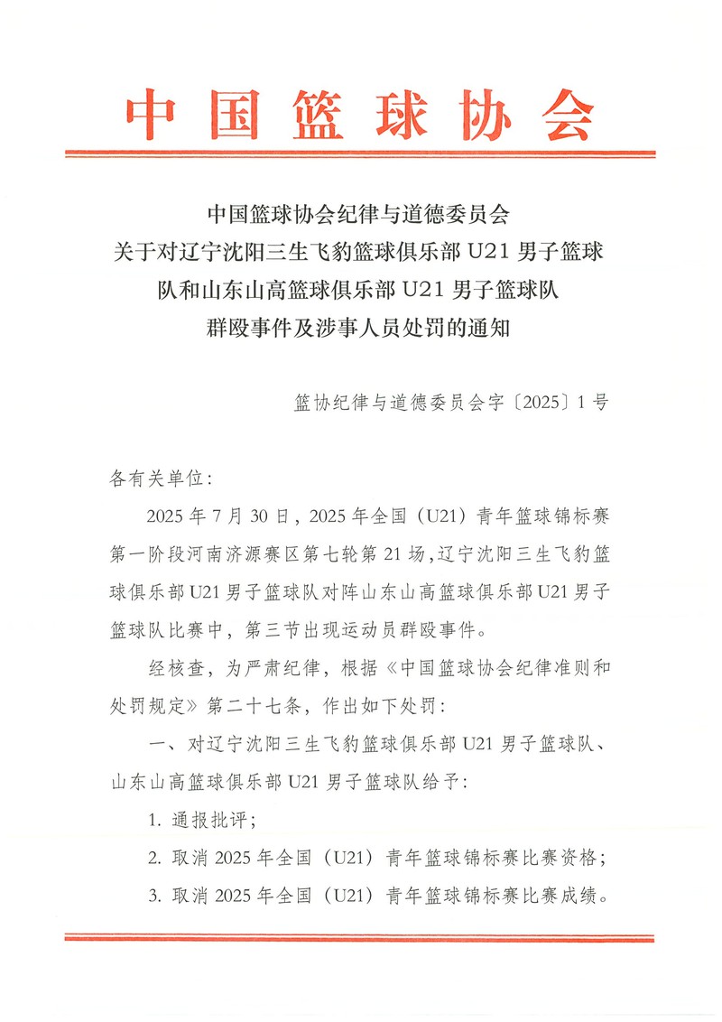 辽宁山东U21球队群殴事件引篮协处罚