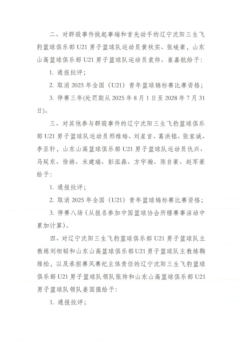 辽宁山东U21球队群殴事件引篮协处罚