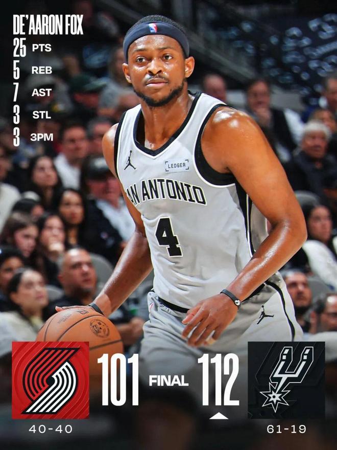 马刺双星闪耀凯尔登高效输出助队胜开拓者